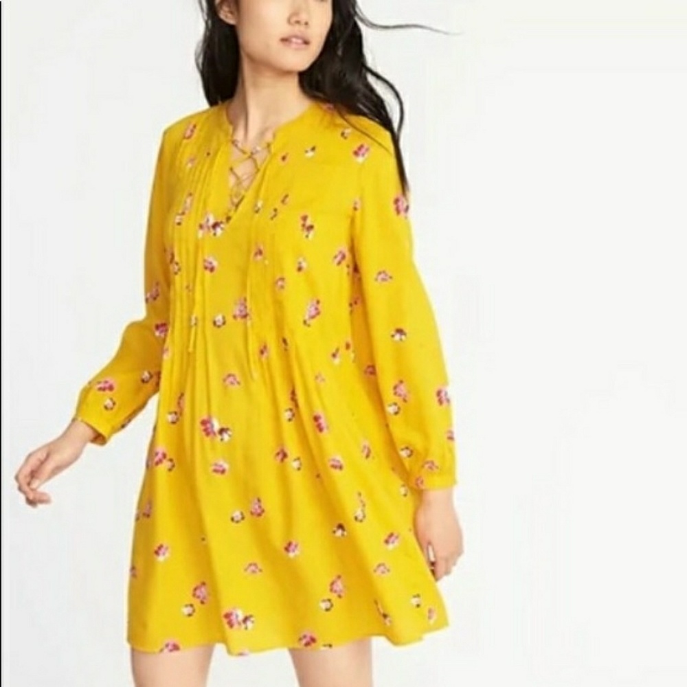 Old Navy Yellow Lace Up Floral Dress Sz M